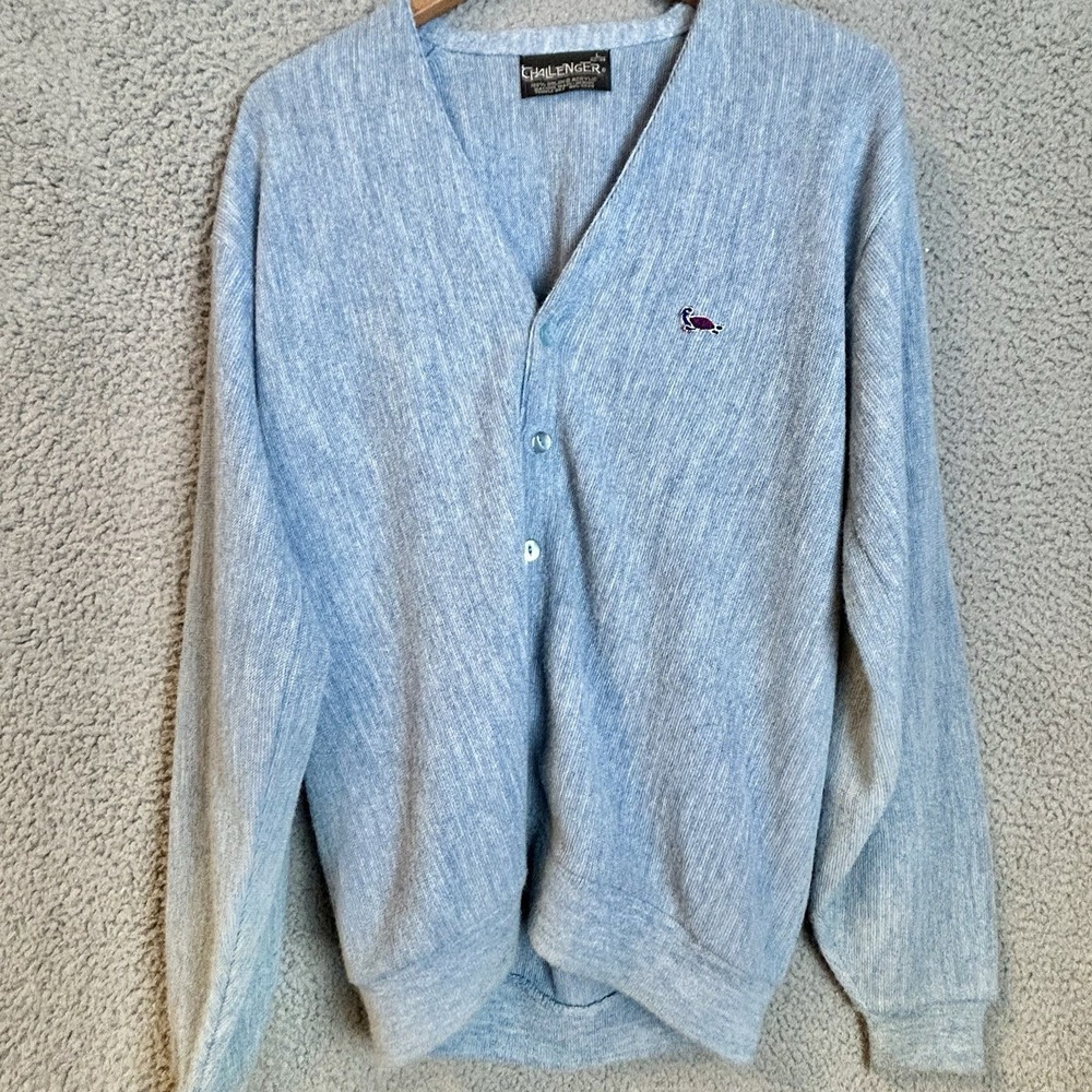 Vintage CHALLENGER Orlon Acrylic L/S V-Neck Knit Cardigan Sweater Blue L (42-44)